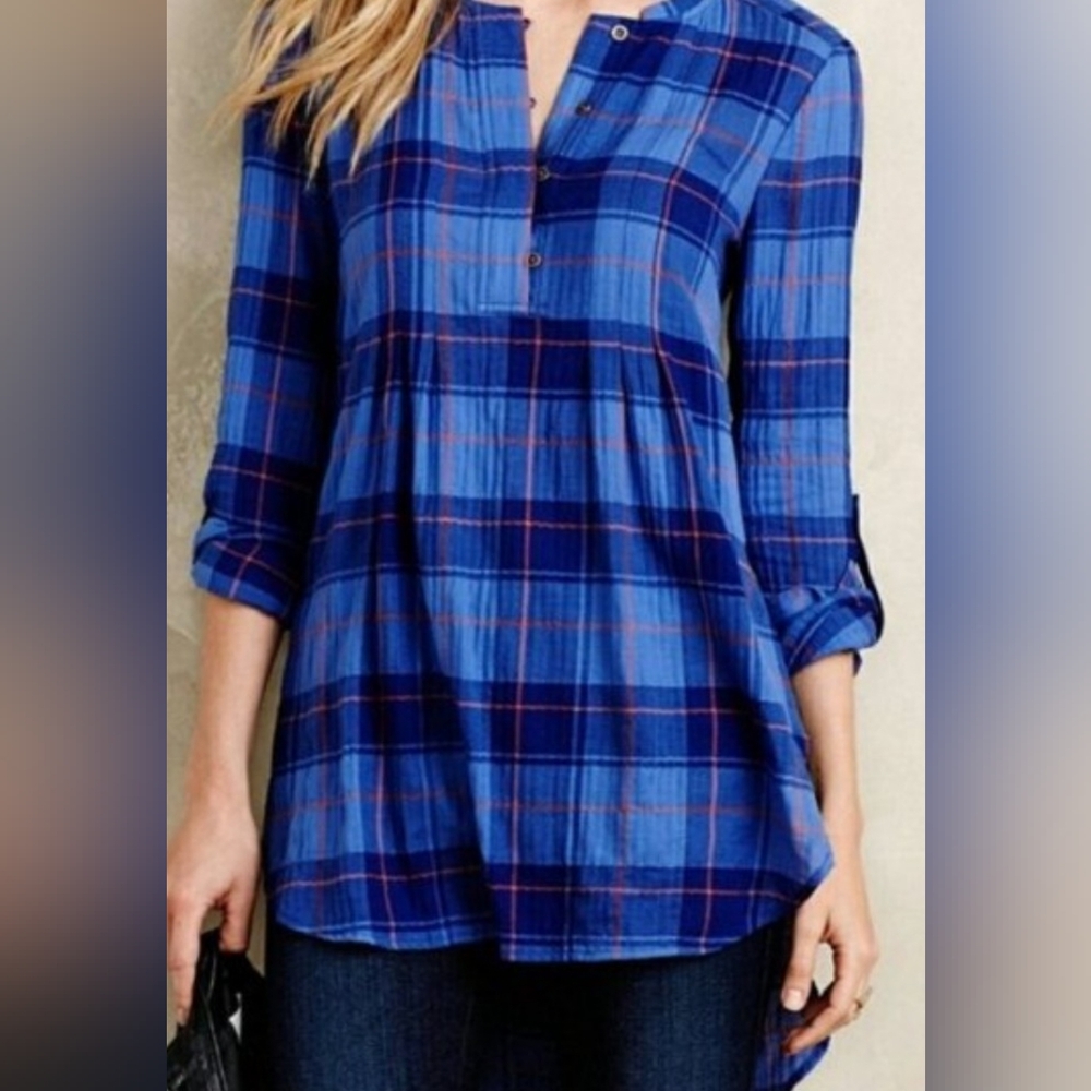 Holding Horses Anthropologie blue and orange plaid long-sleeve tunic top Size S